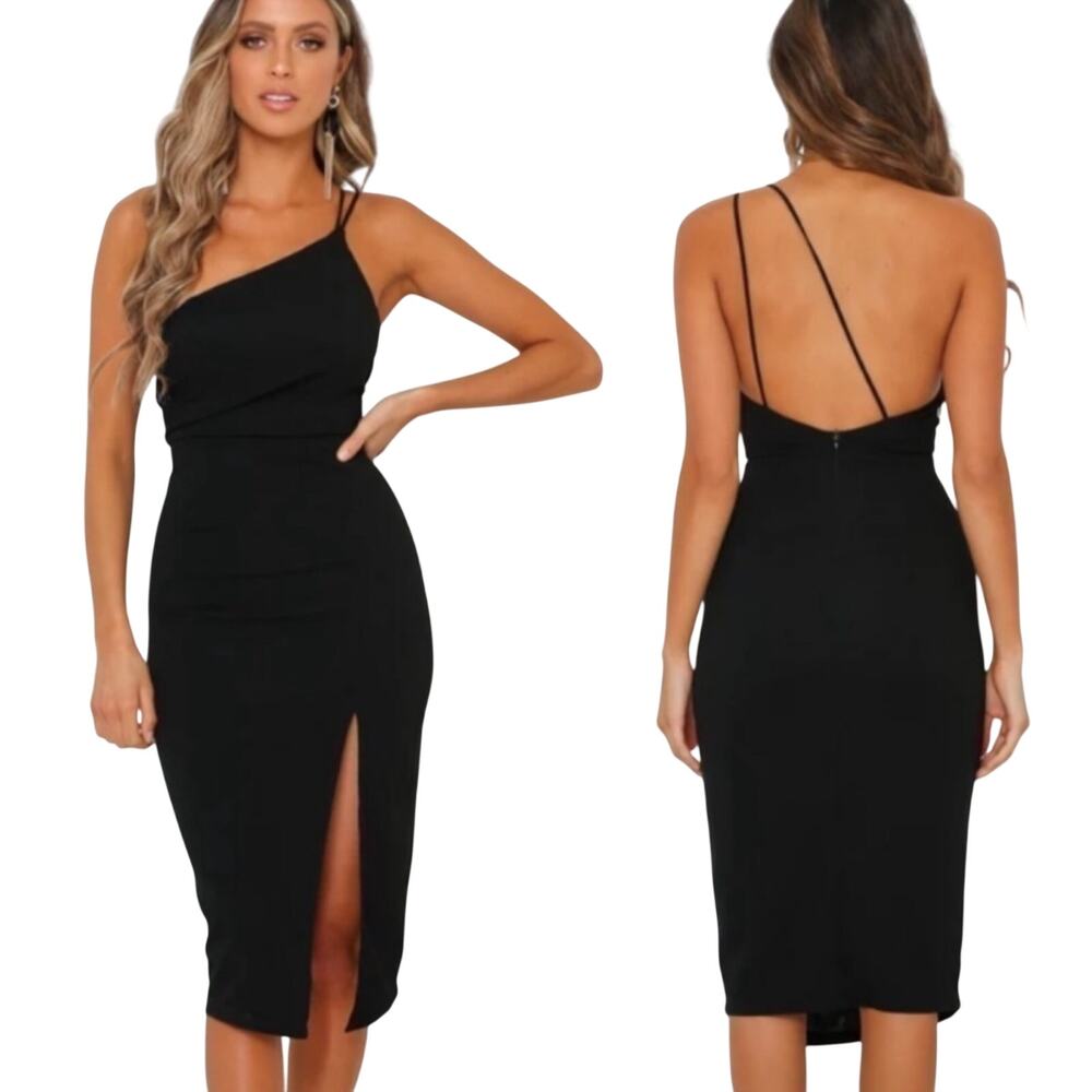 Hello Molly Taking it Back Dress One Shoulder Bodycon Slit Strappy Black NEW 8